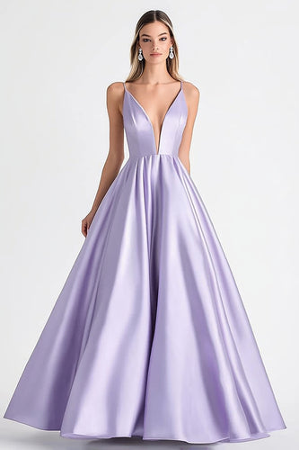 Lilac Satin Deep V-Neck Spaghetti Straps Long Prom Dress