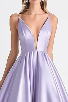 Lilac Satin Deep V-Neck Spaghetti Straps Long Prom Dress