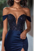 Load image into Gallery viewer, Navy Mermaid Off the Shoulder Beaded Long Prom Dress with Slit