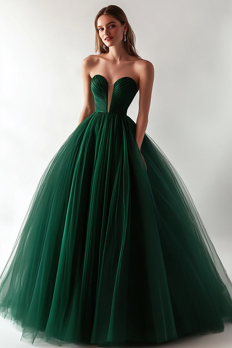 Queendancer Women Dark Green Tulle Ball Gown Prom Dress Strapless ...