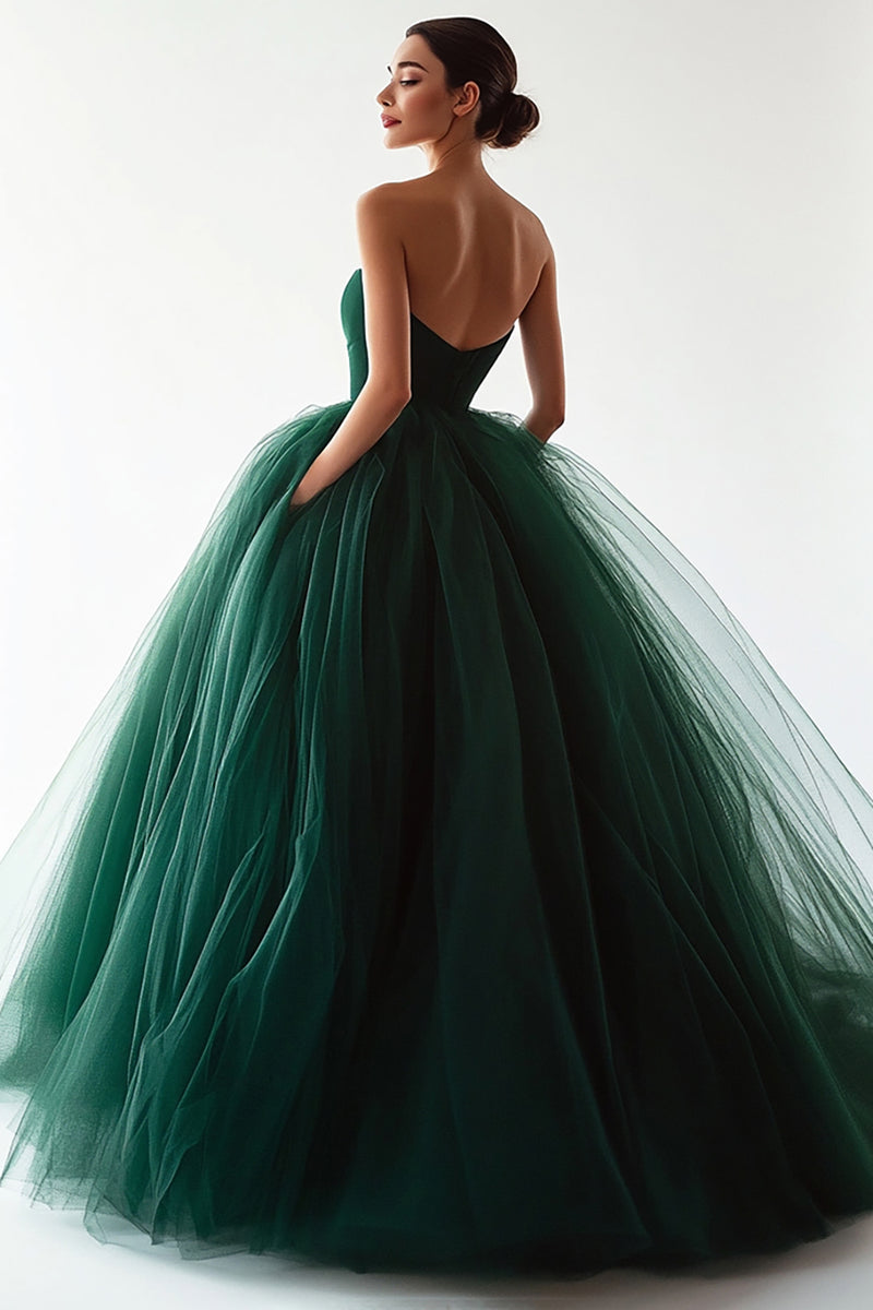 Queendancer Women Dark Green Tulle Ball Gown Prom Dress Strapless ...