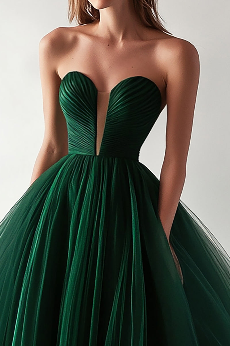 Queendancer Women Dark Green Tulle Ball Gown Prom Dress Strapless ...