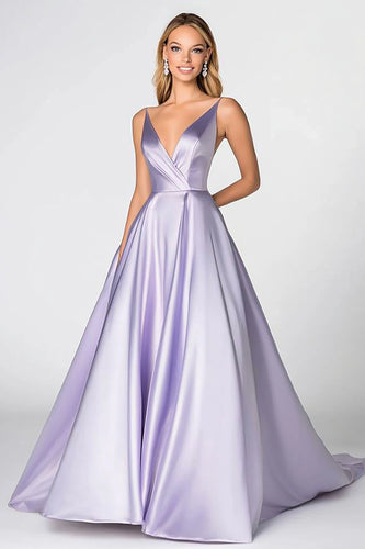 Ball Gown Lilac Satin V-Neck Long Prom Dress