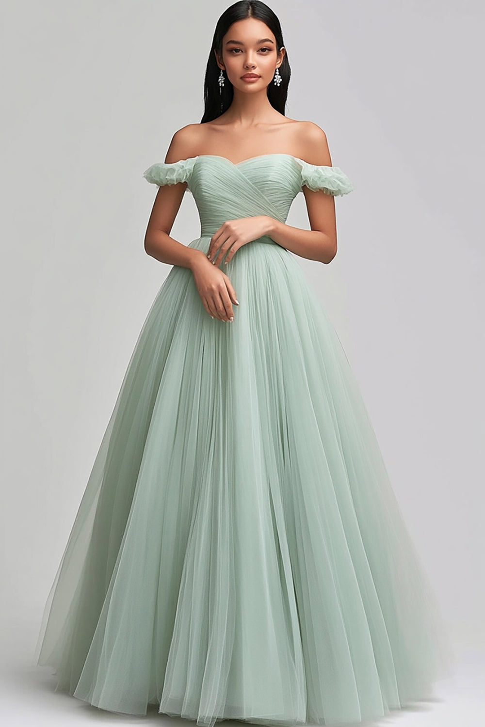 Light Green Tulle A Line Off the Shoulder Long Prom Dress