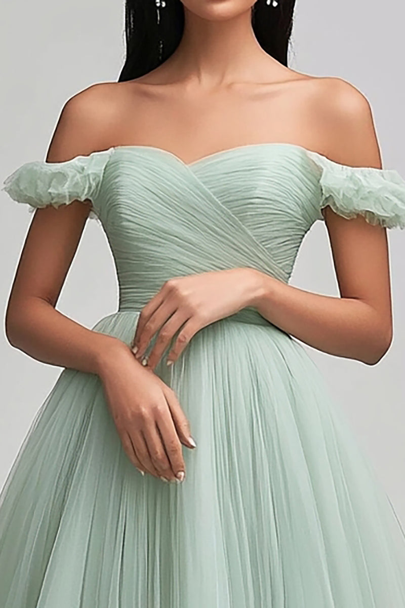 Load image into Gallery viewer, Light Green Tulle A Line Off the Shoulder Long Prom Dress