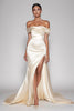 Load image into Gallery viewer, Champagne Sheath Off the Shoulder Satin Long Prom Dress with Slit