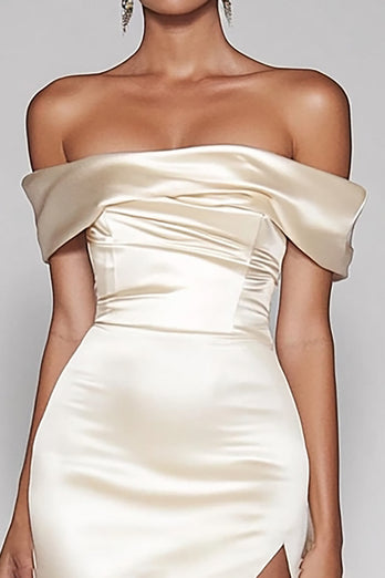 Champagne Sheath Off the Shoulder Satin Long Prom Dress with Slit