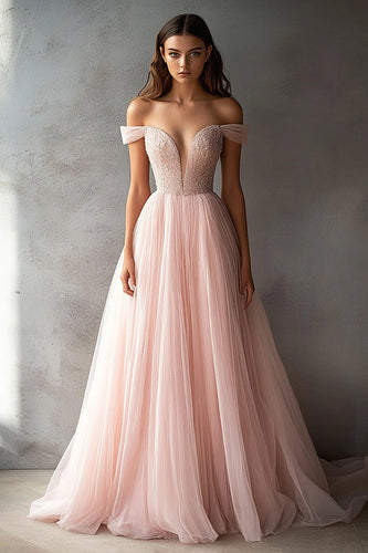 Pink Tulle Off the Shoulder V-Neck Long Prom Dress