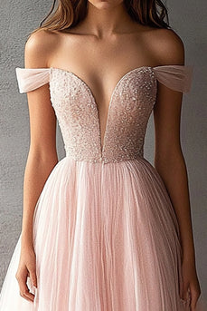 Pink Tulle Off the Shoulder V-Neck Long Prom Dress