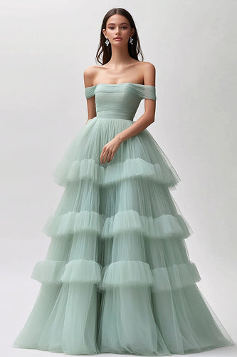 Off the Shoulder Light Green Tulle Tiered Pleated Long Prom Dress