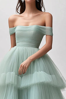 Off the Shoulder Light Green Tulle Tiered Pleated Long Prom Dress