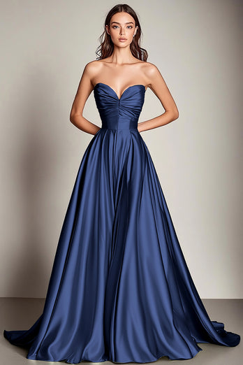 Navy Sweetheart Satin Pleated Long Prom Dress