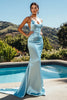 Load image into Gallery viewer, Sky Blue Sheath Satin Spaghetti Straps Long Prom Dress