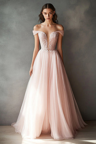 Ball Gown Pink Tulle Off the Shoulder Long Prom Dress