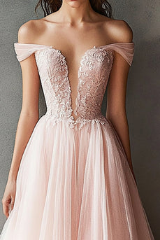 Ball Gown Pink Tulle Off the Shoulder Long Prom Dress