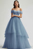 Load image into Gallery viewer, Tulle Grey Blue Tiered Ball Gown Long Prom Dress