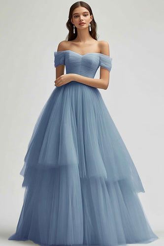 Tulle Grey Blue Tiered Ball Gown Long Prom Dress