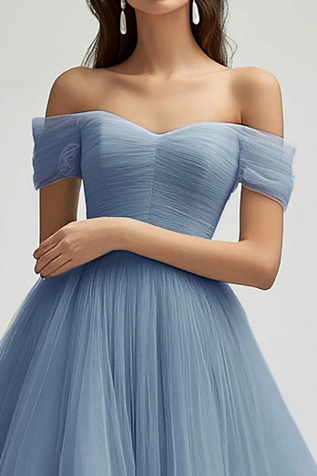 Tulle Grey Blue Tiered Ball Gown Long Prom Dress