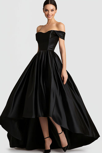 Ball Gown Black Off the Shoulder Satin High-Low Prom Dress