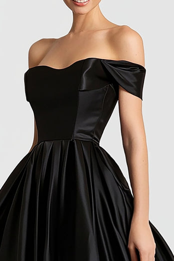 Ball Gown Black Off the Shoulder Satin High-Low Prom Dress