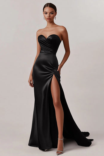 Black Sweetheart Satin Sheath Long Prom Dress with Slit