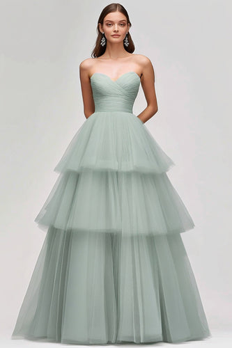 Light Green Tulle Strapless Tiered Long Prom Dress