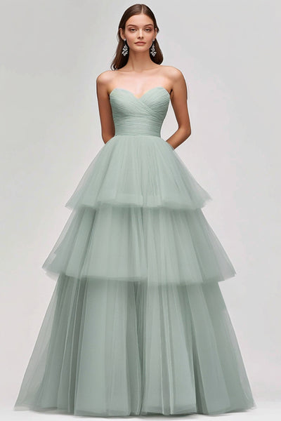 Light Green Tulle Strapless Tiered Long Prom Dress