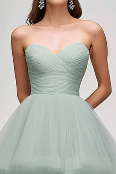 Light Green Tulle Strapless Tiered Long Prom Dress