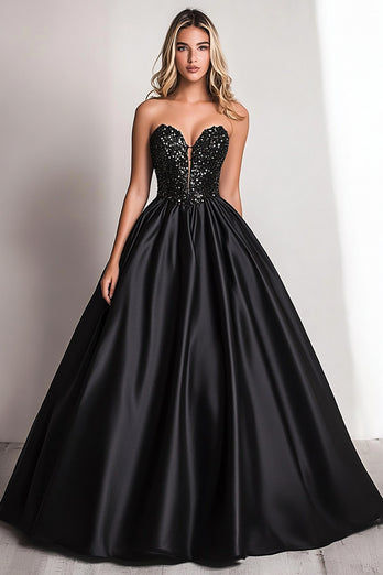 Black A Line Satin Corset Sweetheart Long Prom Dress