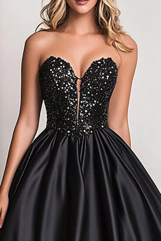 Black A Line Satin Corset Sweetheart Long Prom Dress