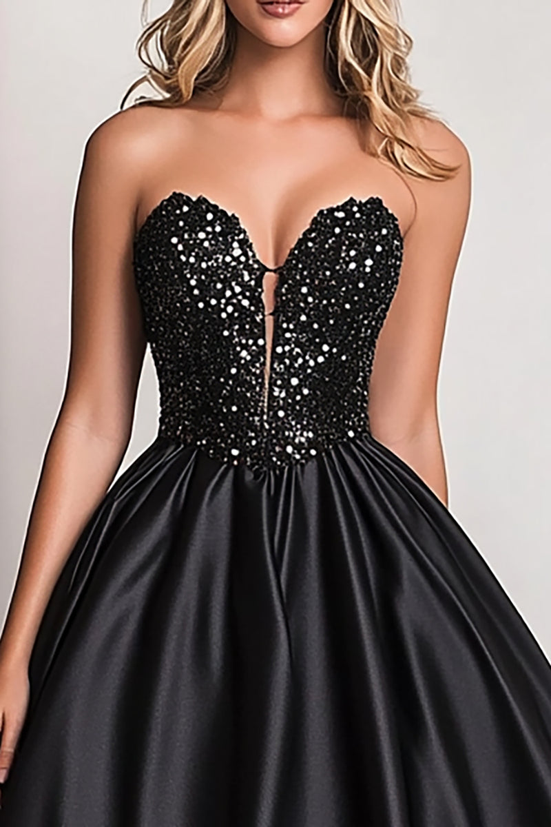 Load image into Gallery viewer, Black A Line Satin Corset Sweetheart Long Prom Dress