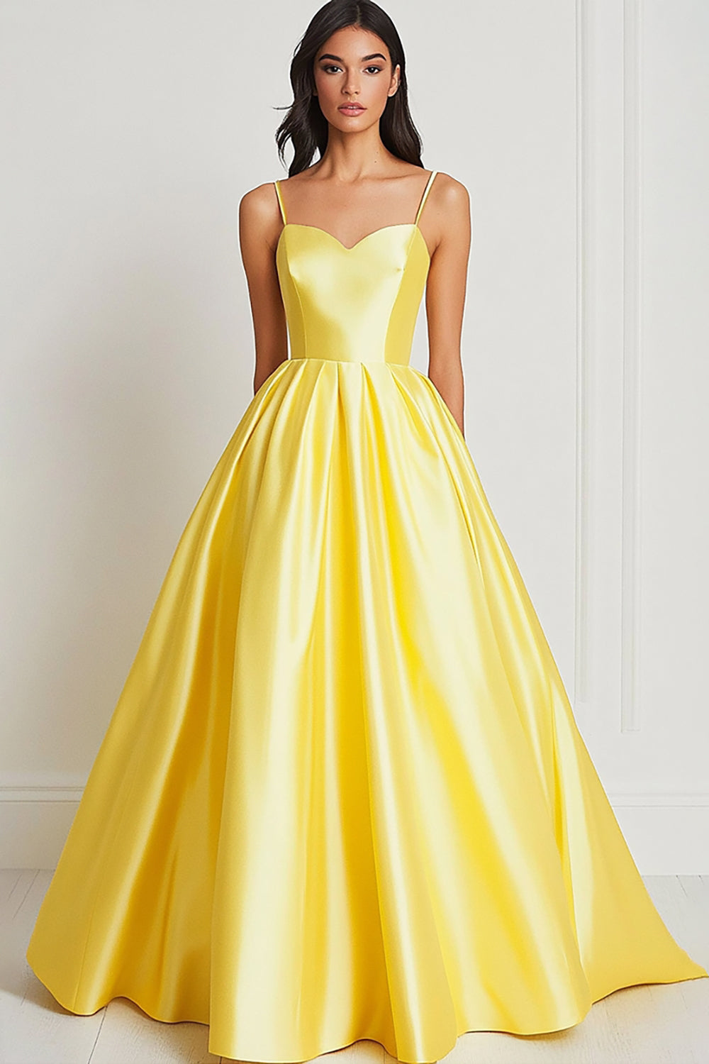 Yellow A Line Satin Sweetheart Spaghetti Straps Long Prom Dress