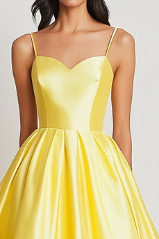 Yellow A Line Satin Sweetheart Spaghetti Straps Long Prom Dress