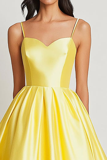 Yellow A Line Satin Sweetheart Spaghetti Straps Long Prom Dress