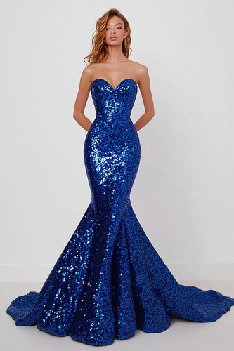 Sparkly Royal Blue Sequins Mermaid Strapless Long Prom Dress