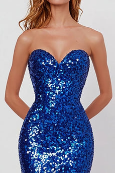 Sparkly Royal Blue Sequins Mermaid Strapless Long Prom Dress