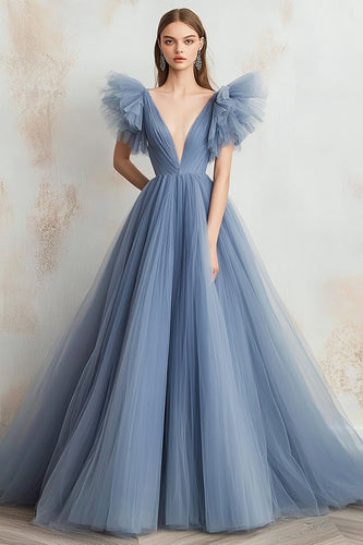 Grey Blue A Line Tulle V-Neck Long Prom Dress with Ruffles