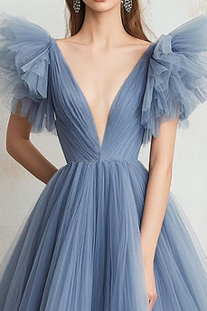 Grey Blue A Line Tulle V-Neck Long Prom Dress with Ruffles