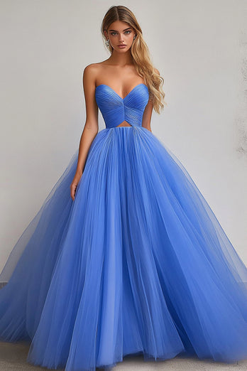 Blue A Line Tulle Sweetheart Pleated Long Prom Dress