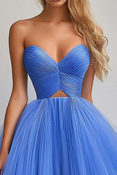 Blue A Line Tulle Sweetheart Pleated Long Prom Dress