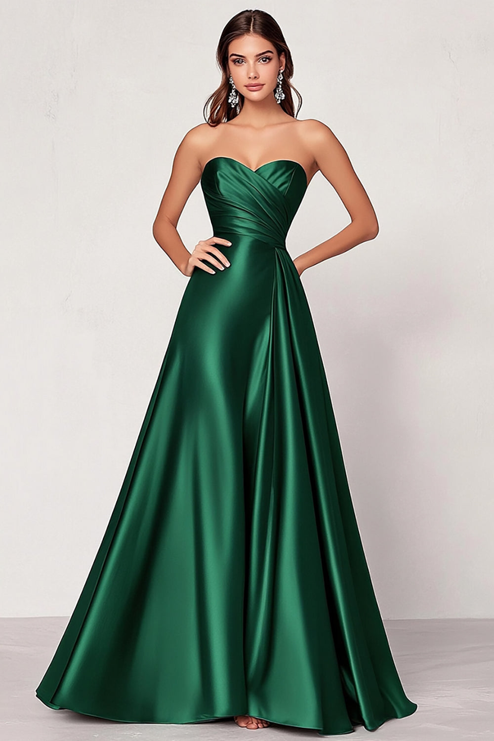 Dark Green A Line Satin Strapless Ruched Long Prom Dress