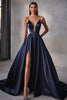 Load image into Gallery viewer, Navy A Line Satin V-Neck Spaghetti Straps Long Prom Dress with Slit