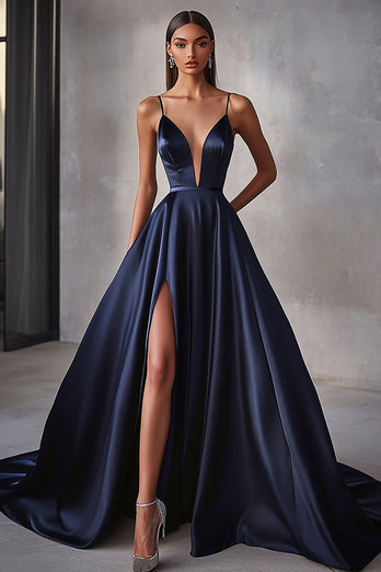 Navy A Line Satin V-Neck Spaghetti Straps Long Prom Dress with Slit