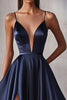 Load image into Gallery viewer, Navy A Line Satin V-Neck Spaghetti Straps Long Prom Dress with Slit