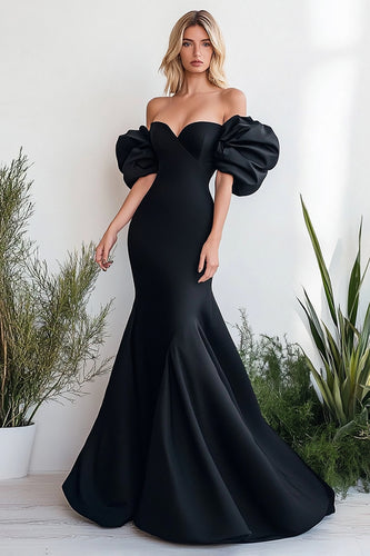 Black Mermaid Off the Shoulder Long Prom Dress with Ruffles