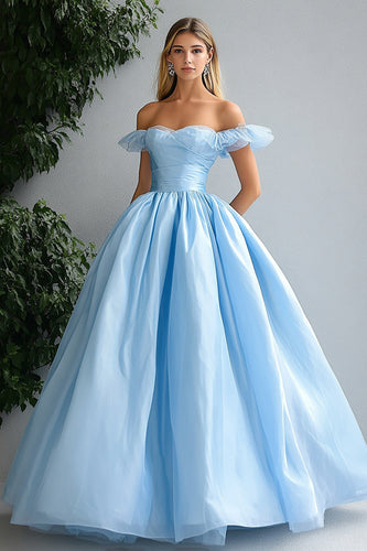 Sky Blue Ball Gown Off the Shoulder Long Prom Dress