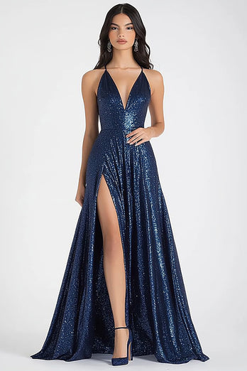 Sparkly Navy A Line Sequins V-Neck Long Prom Dress with Slit