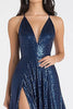 Load image into Gallery viewer, Sparkly Navy A Line Sequins V-Neck Long Prom Dress with Slit