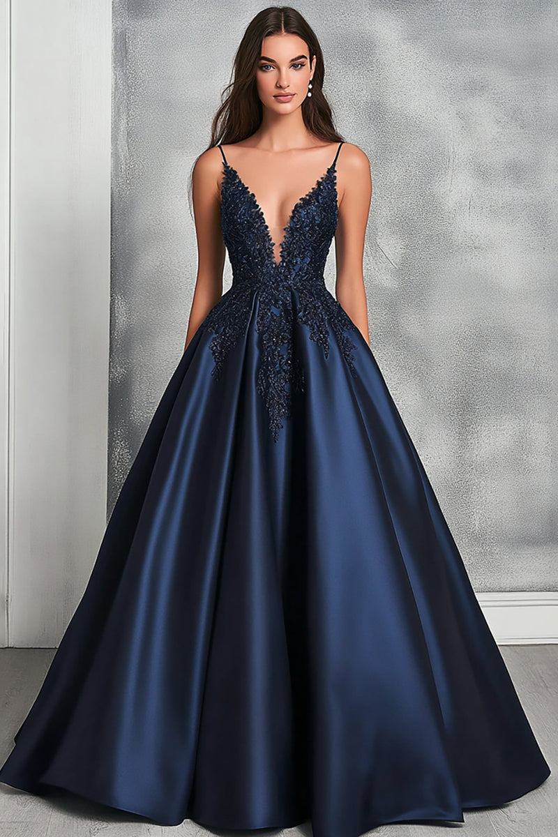 Load image into Gallery viewer, Navy A Line Satin V-Neck Long Prom Dress with Lace Appliques