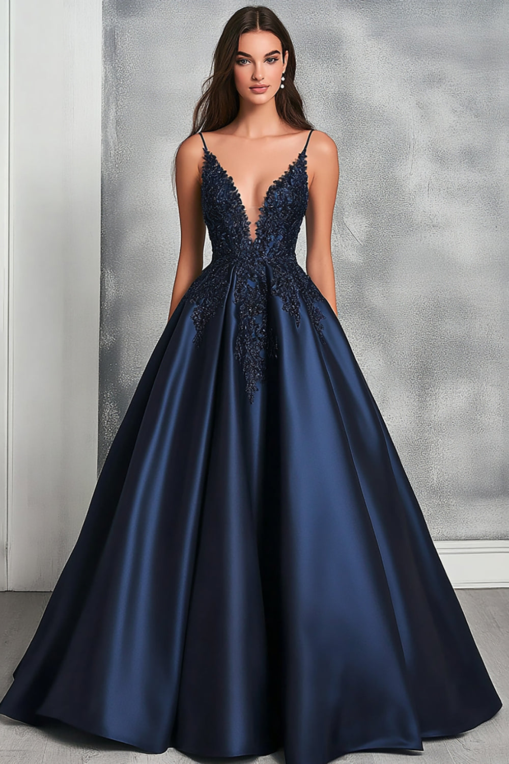 Navy A Line Satin V-Neck Long Prom Dress with Lace Appliques